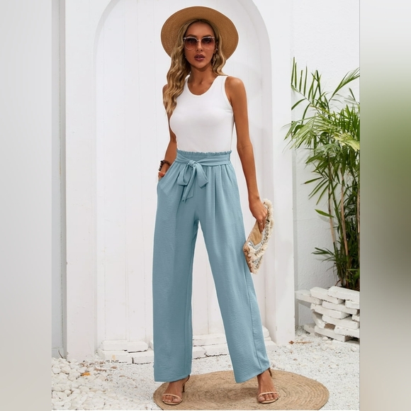 Pants - Women's Wide Leg Pants with Pockets Lightweight High Waisted Adjustable Tie Knot